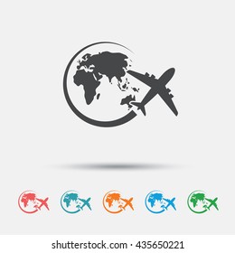 Airplane sign icon. Travel trip round the world symbol. Graphic element on white background. Colour clean flat airplane travel icons. Vector