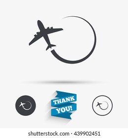 Airplane sign icon. Travel trip symbol. Flat icons. Buttons with icons. Thank you ribbon. Vector