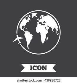 Airplane sign icon. Travel trip round the world symbol. Graphic design element. Flat airplane travel symbol on dark background. Vector