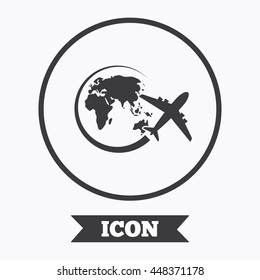Airplane sign icon. Travel trip round the world symbol. Graphic design element. Flat symbol in circle button. Vector