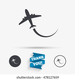 Airplane sign icon. Travel trip symbol. Flat icons. Buttons with icons. Thank you ribbon. Vector