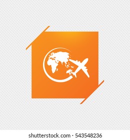 Airplane sign icon. Travel trip round the world symbol. Orange square label on pattern. Vector