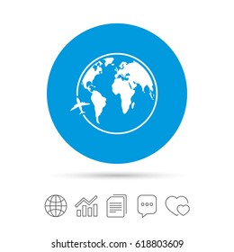 Airplane sign icon. Travel trip round the world symbol. Copy files, chat speech bubble and chart web icons. Vector