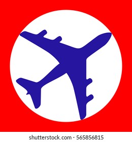 Airplane sign illustration. Blue icon in white circle at red background. Colors of USA flag. Circumscribed circle. Circumcircle.