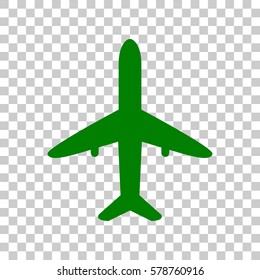 Airplane sign illustration. Dark green icon on transparent background.