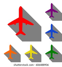 Airplane sign illustration. Set of red, orange, yellow, green, blue and violet icons at white background with flat shadow.