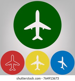 Airplane sign illustration. Vector. 4 white styles of icon at 4 colored circles on light gray background.