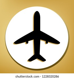 Airplane sign illustration. Vector. Black icon with light brown shadow in white circle with shaped ring at golden background.
