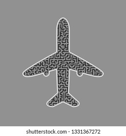 Airplane sign illustration. Vector. Black maze filled icon with white border at gray background.