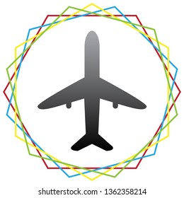 Airplane sign illustration. Vector. Black icon with patch of light inside colorful hexagonal frames at white background.