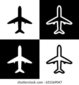 Airplane sign illustration. Vector. Black and white icons and line icon on chess board.