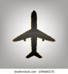 Airplane sign illustration. Vector. Blackish icon with golden stars at grayish background.