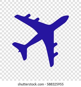 Airplane sign illustration. Vector. Blue icon on transparent background.
