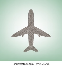 Airplane sign illustration. Vector. Brown flax icon on green background with light spot at the center.