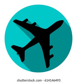 Airplane sign illustration. Vector. Flat black icon with flat shadow on royal yellow circle with white background. Isolated.