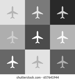 Airplane sign illustration. Vector. Grayscale version of Popart-style icon.