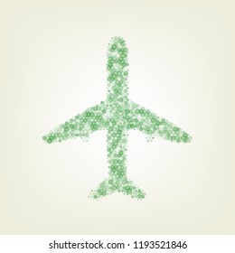 Airplane sign illustration. Vector. Green hexagon rastered icon and noised opacity and size at light green background with central light.