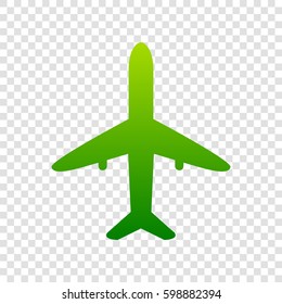 Airplane sign illustration. Vector. Green gradient icon on transparent background.