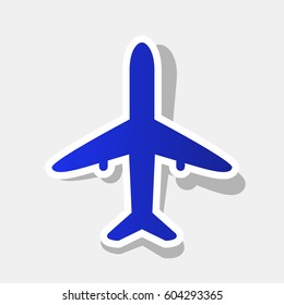 Airplane sign illustration. Vector. New year bluish icon with outside stroke and gray shadow on light gray background.