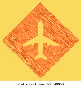 Airplane sign illustration. Vector. Red scribble icon obtained as a result of subtraction rhomb and path. Royal yellow background.