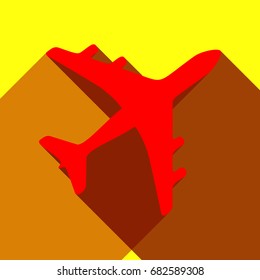 Airplane sign illustration. Vector. Red icon with two flat reddish shadows on yellow background.