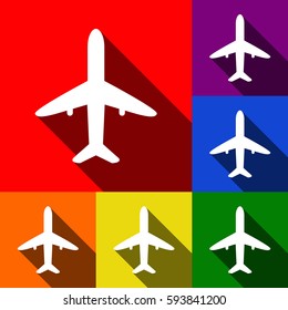 Airplane sign illustration. Vector. Set of icons with flat shadows at red, orange, yellow, green, blue and violet background.