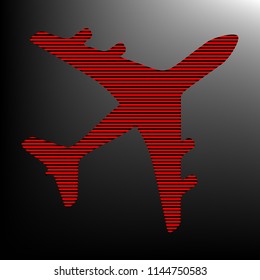 Airplane sign illustration. Vector. Striped red and black icon at gradient blackish background. Zebra.