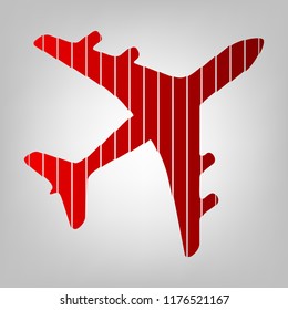 Airplane sign illustration. Vector. Vertically divided icon with colors from reddish gradient in gray background with light in center.