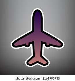 Airplane sign illustration. Vector. Violet gradient icon with black and white linear edges at gray background.