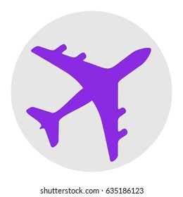 Airplane sign illustration. Vector. Violet flat icon on light gray circle at white background. Isolated.