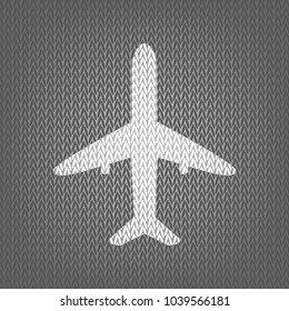 Airplane sign illustration. Vector. White knitted icon on gray knitted background. Isolated.