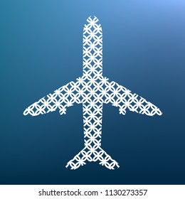 Airplane sign illustration. Vector. White textured icon at lapis lazuli gradient background.