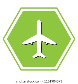 Airplane sign illustration. Vector. White icon with black shadow at yellow green honeycomb on white background.