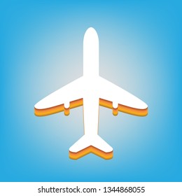 Airplane sign illustration. Vector. White icon with 3d warm-colored gradient body at sky blue background.