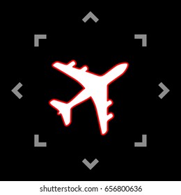 Airplane sign illustration. Vector. White icon in gray focus like mandala on black background.