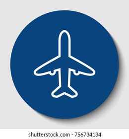 Airplane sign illustration. Vector. White contour icon in dark cerulean circle at white background. Isolated.