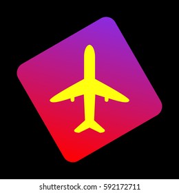 Airplane sign illustration. Vector. Yellow icon at violet-red gradient square with rounded corners rotated for dynamics on black background.