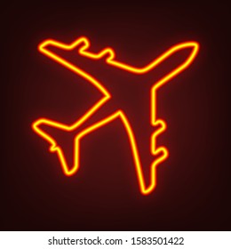 Airplane sign illustration. Yellow, orange, red neon icon at dark reddish background. Illumination. Illustration.