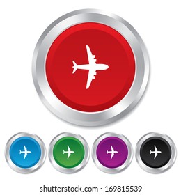Airplane sign. Plane symbol. Travel icon. Flight flat label. Round metallic buttons. Vector