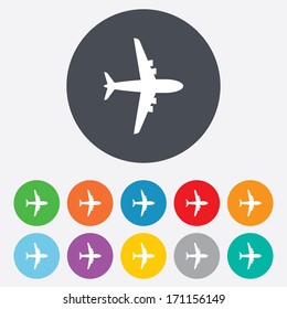 Airplane sign. Plane symbol. Travel icon. Flight flat label. Round colourful 11 buttons. Vector