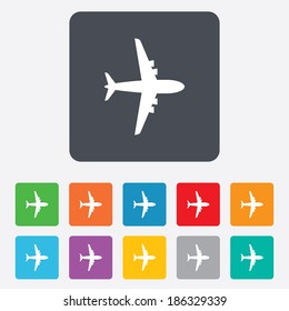 Airplane sign. Plane symbol. Travel icon. Flight flat label. Rounded squares 11 buttons. Vector