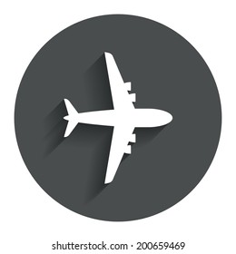 Airplane sign. Plane symbol. Travel icon. Flight flat label. Circle flat button with shadow. Modern UI website navigation. Vector
