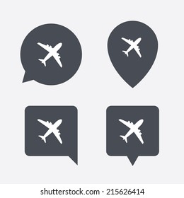 Airplane sign. Plane symbol. Travel icon. Flight flat label. Map pointers information buttons. Speech bubbles with icons. Vector