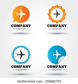 Airplane sign. Plane symbol. Travel icon. Flight flat label. Business abstract circle logos. Icon in speech bubble, wreath. Vector