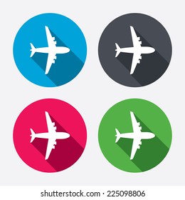Airplane sign. Plane symbol. Travel icon. Flight flat label. Circle buttons with long shadow. 4 icons set. Vector