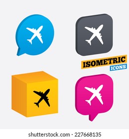 Airplane sign. Plane symbol. Travel icon. Flight flat label. Isometric speech bubbles and cube. Rotated icons with edges. Vector