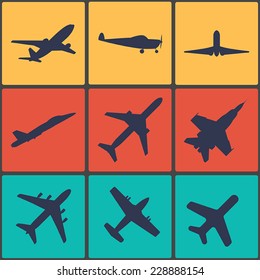 Airplane sign. Plane symbol. Travel icon. Flight flat label. Colorful 9 buttons