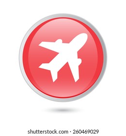 Airplane sign. Plane symbol. Travel icon. Flight flat label.  red glossy button.