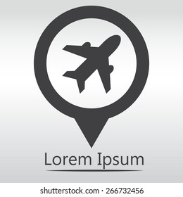 Airplane sign. Plane symbol. Travel icon. Flight flat label.  icon map pin.