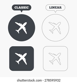 Airplane sign. Plane symbol. Travel icon. Flight flat label. Classic and line web buttons. Circles and squares. Vector